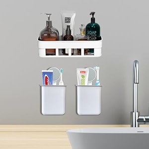 shalvi plastic shelf adhesive bathroom shelf with wall mounted toothbrush holderbathroom shelf for walltoothbrush holders for toothbrushes rectangular  2 pth