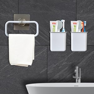 shalvi plastic wall mounted self adhesive toothbrush holder with plastic towel ring for bathroom and kitchentoothbrush holdertowel racktowel hangertoothbrush holders for bathroom white