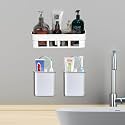 SHALVI Plastic Shelf Adhesive Bathroom Shelf with Wall Mounted Toothbrush Holder/Bathroom Shelf for Wall/Toothbrush Holders for Toothbrushes (Rectangular + 2 PTH)