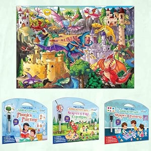 shapes and patterns activity mat phonics playtime activity mat search amp find expedition activity mat and giant dragon colouring poster  combo of 3 activity mats with free pen and 1 colouring poster
