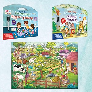shapes and patterns activity mats animal kingdom activity mats and giant at the farm colouring poster  combo of 2 activity mats with pen and colouring poster