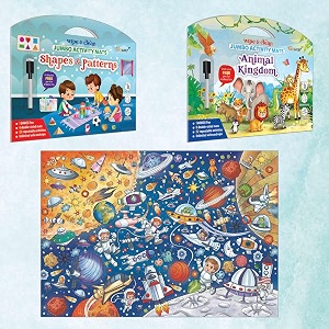 shapes and patterns activity mats animal kingdom activity mats and giant space colouring poster  combo of 2 activity mats with pen and colouring poster
