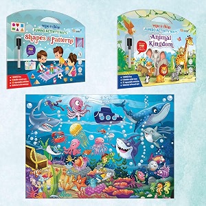 shapes and patterns activity mats animal kingdom activity mats and giant under the ocean colouring poster  combo of 2 activity mats with pen and colouring poster
