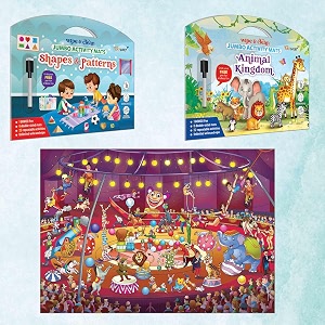 shapes and patterns activity mats animal kingdom activity mats and giant circus colouring poster  combo of 2 activity mats with pen and colouring poster