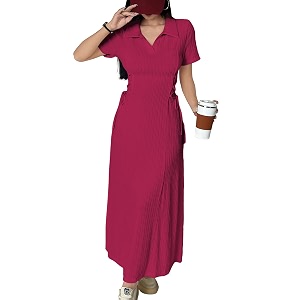 shasmi womens solid color applique lace-up collared short sleeve side-tie waist long casual maxi women dress outfit long evening midi western party dress for women dress 211