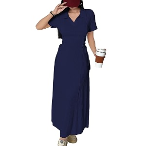 shasmi womens solid color applique lace-up collared short sleeve side-tie waist long casual maxi women dress outfit long evening midi western party dress for women dress 211