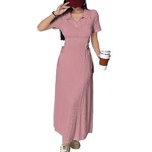 shasmi womens solid color applique lace-up collared short sleeve side-tie waist long casual maxi women dress outfit long evening midi western party dress for women dress 211