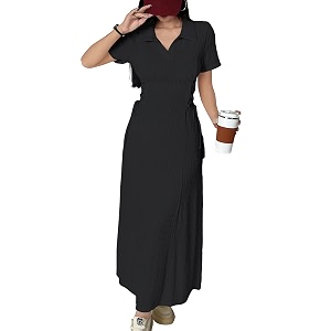 shasmi womens solid color applique lace-up collared short sleeve side-tie waist long casual maxi women dress outfit long evening midi western party dress for women dress 211