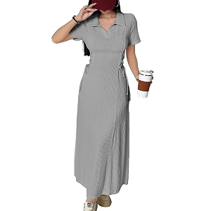 shasmi womens solid color applique lace-up collared short sleeve side-tie waist long casual maxi women dress outfit long evening midi western party dress for women dress 211