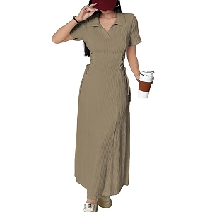 shasmi womens solid color applique lace-up collared short sleeve side-tie waist long casual maxi women dress outfit long evening midi western party dress for women dress 211