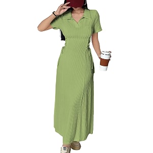 shasmi womens solid color applique lace-up collared short sleeve side-tie waist long casual maxi women dress outfit long evening midi western party dress for women dress 211