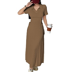 shasmi womens solid color applique lace-up collared short sleeve side-tie waist long casual maxi women dress outfit long evening midi western party dress for women dress 211