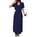 Shasmi Women’s Solid Color Applique Lace-Up Collared Short Sleeve, Side-Tie Waist Long Casual Maxi Women Dress Outfit Long Evening Midi Western Party Dress for Women (Dress 211)