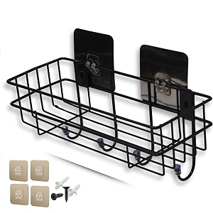 self adhesive bathroom shelf for wall with hooks-kitchen organizer rack -wall mount steel shower caddy- without drill- black powder coated pack of 1- total of 4 stickers