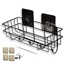 Self Adhesive Bathroom Shelf for Wall with Hooks-Kitchen Organizer Rack -Wall Mount Steel Shower Caddy- Without Drill- Black Powder Coated (Pack of 1- Total of 4 Stickers)