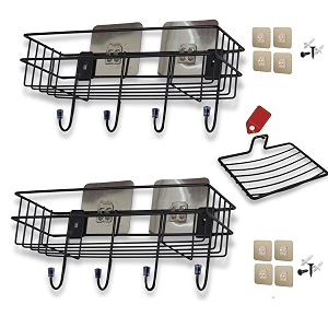 bathroom shelf for wall with hooks-adhesive bathroom shelfrack-wall mount bathroom organizer- without drill- black powder coated pack of 2 - includes adhesive soap shelf
