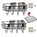 Bathroom Shelf for Wall with Hooks-Adhesive Bathroom Shelf/Rack-Wall Mount Bathroom Organizer- Without Drill- Black Powder Coated (Pack of 2 - Includes Adhesive Soap Shelf)