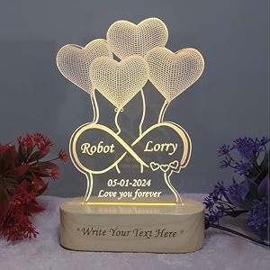 3d illusion infinity heart shape personalized led table night lamp for couple anniversary wedding marriage birthday valentine day-customize name date engraving wooden base warm white light