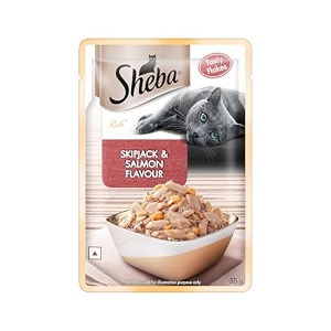 sheba rich premium adult 1 years wet cat food skipjack amp salmon flavour 35 g pouch high-moisture wet food for healthy hydration pack of 6