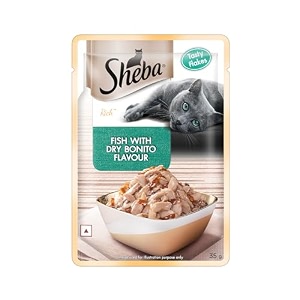 sheba rich premium adult 1 years wet cat food fish with dry bonito flavour 35 g pouch high-moisture wet food for healthy hydration pack of 6