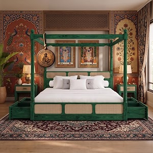 sheesham solid wood allure poster bed for bedroom  handmade wooden cot  elegant four poster king size bed frame rustic green queen allure with storagecane