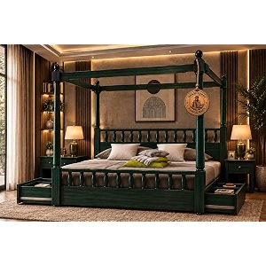 sheesham solid wood allure poster bed for bedroom  handmade wooden cot  elegant four poster king size bed frame green queen allure with storage