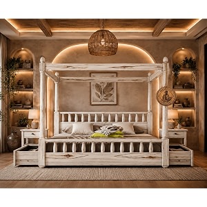 sheesham solid wood allure poster bed for bedroom  handmade wooden cot  elegant four poster king size bed frame rustic green queen allure with storage