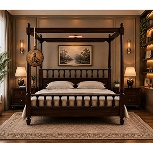 sheesham solid wood allure poster bed for bedroom  handmade wooden cot  elegant four poster king size bed frame walnut king allure