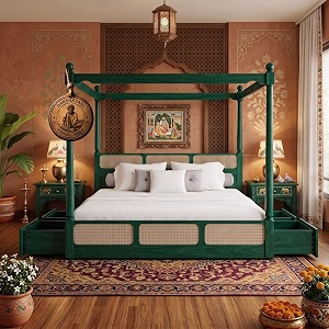 sheesham solid wood allure poster bed for bedroom  handmade wooden cot  elegant four poster king size bed frame green queen allure with storagecane