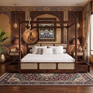 sheesham solid wood allure poster bed for bedroom  handmade wooden cot  elegant four poster king size bed frame walnut king allure with storagecane