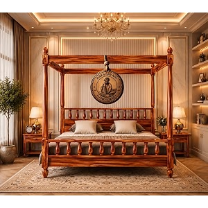 sheesham solid wood allure poster bed for bedroom  handmade wooden cot  elegant four poster king size bed frame honey queen allure
