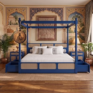 sheesham solid wood allure poster bed for bedroom  handmade wooden cot  elegant four poster king size bed frame blue king allure with storagecane