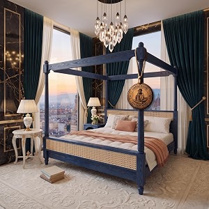 sheesham solid wood allure poster bed for bedroom  handmade wooden cot  elegant four poster king size bed frame rustic blue king allurecane 2