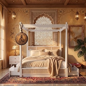 sheesham solid wood allure poster bed for bedroom  handmade wooden cot  elegant four poster king size bed frame white king allure with storagecane 2