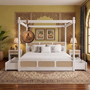 sheesham solid wood allure poster bed for bedroom  handmade wooden cot  elegant four poster king size bed frame rustic white queen allure with storagecane