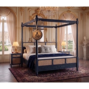 sheesham solid wood allure poster bed for bedroom  handmade wooden cot  elegant four poster king size bed frame rustic blue queen allure cane 1