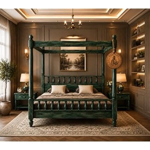 sheesham solid wood allure poster bed for bedroom  handmade wooden cot  elegant four poster king size bed frame rustic green king allure
