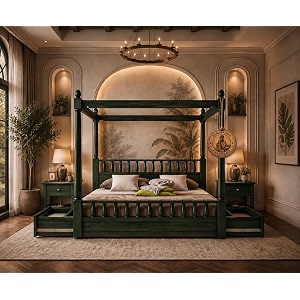 sheesham solid wood allure poster bed for bedroom  handmade wooden cot  elegant four poster king size bed frame rustic green king allure with storage