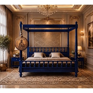 sheesham solid wood allure poster bed for bedroom  handmade wooden cot  elegant four poster king size bed frame blue king allure
