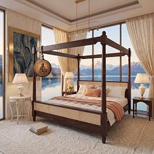 sheesham solid wood allure poster bed for bedroom  handmade wooden cot  elegant four poster king size bed frame walnut king allurecane 2