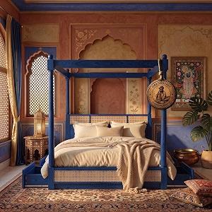 sheesham solid wood allure poster bed for bedroom  handmade wooden cot  elegant four poster king size bed frame rustic blue king allure with storagecane 2