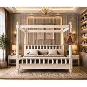 sheesham solid wood allure poster bed for bedroom  handmade wooden cot  elegant four poster king size bed frame rustic white queen allure