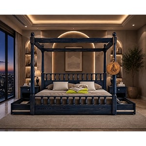sheesham solid wood allure poster bed for bedroom  handmade wooden cot  elegant four poster king size bed frame rustic blue king allure with storage