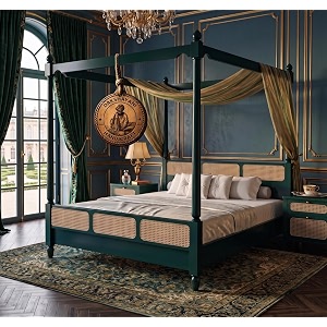 sheesham solid wood allure poster bed for bedroom  handmade wooden cot  elegant four poster king size bed frame green queen allure cane 1