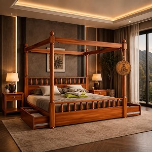 sheesham solid wood allure poster bed for bedroom  handmade wooden cot  elegant four poster king size bed frame honey king allure with storage