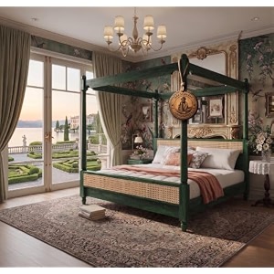 sheesham solid wood allure poster bed for bedroom  handmade wooden cot  elegant four poster king size bed frame rustic green queen allurecane 2