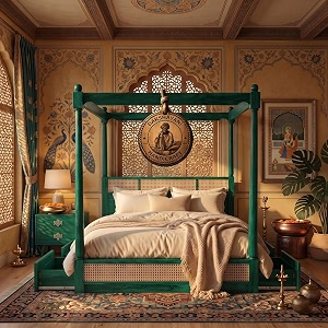 sheesham solid wood allure poster bed for bedroom  handmade wooden cot  elegant four poster king size bed frame rustic green king allure with storagecane 2