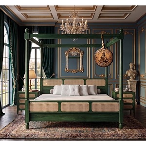 sheesham solid wood allure poster bed for bedroom  handmade wooden cot  elegant four poster king size bed frame rustic green king allure cane 1
