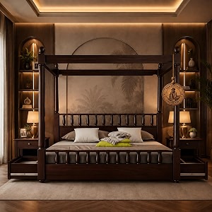 sheesham solid wood allure poster bed for bedroom  handmade wooden cot  elegant four poster king size bed frame walnut queen allure with storage