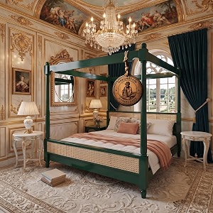 sheesham solid wood allure poster bed for bedroom  handmade wooden cot  elegant four poster king size bed frame green king allurecane 2